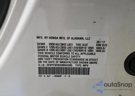 2017 Honda Pilot Exl z USA, uszkodzony, nr VIN 5FNYF6H84HB044305